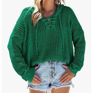 Women's XL Green Crochet Knit Hooded Pullover Sweater V-Neck Long Sleeve